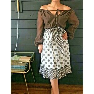 vtg 60s Jack Bryan dress brown polka dot sheer top bohemian‎ boho ruffle small
